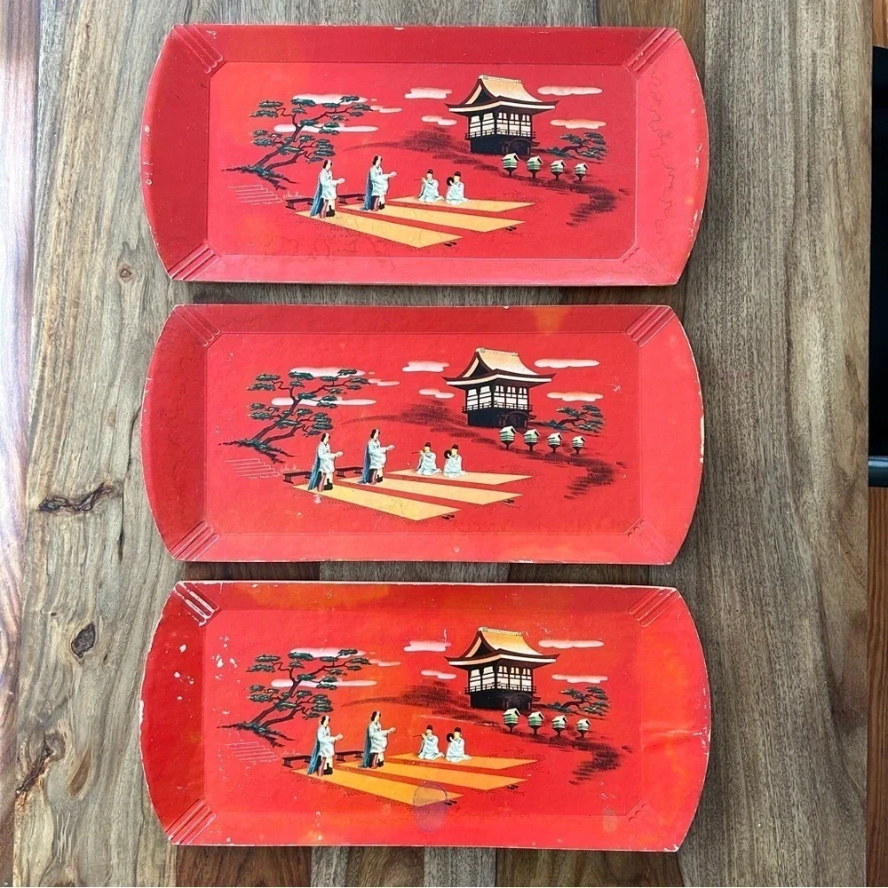 Vintage Hasko wood veneer lap trays red Asian scene MCM 50s set of 3